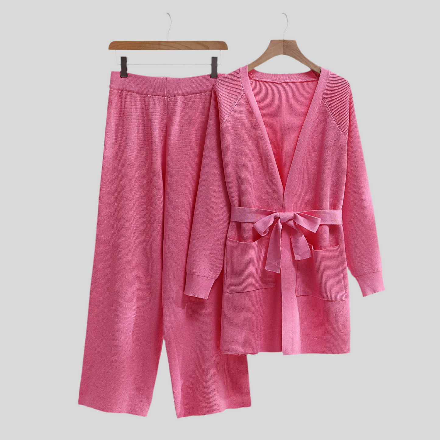 Women’s Casual Knitted 2-Piece Set - Cardigan and Wide-Leg Pants