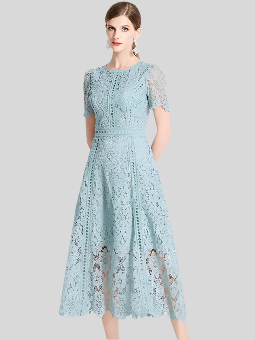 Women's Vintage O-Neck Short Sleeve Lace Dress