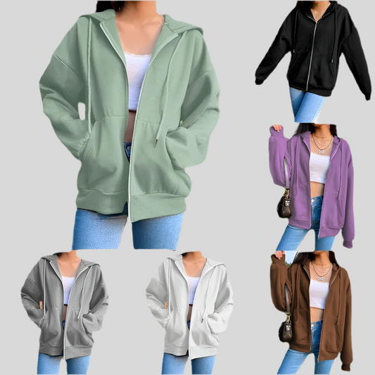 Women’s Hooded Sweatshirts Long Sleeve Top Drawstring Pockets Loose Zipper