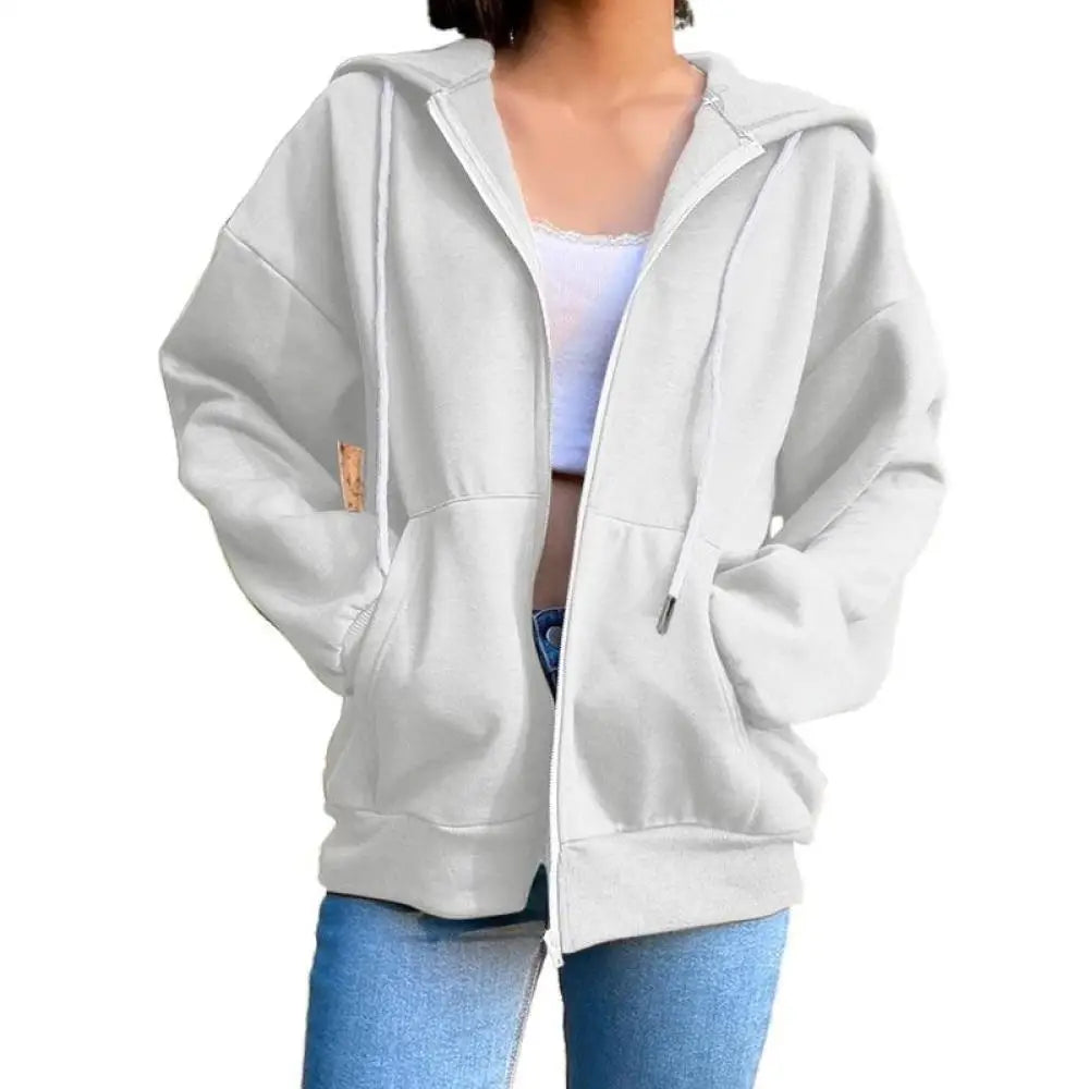 Women’s Hooded Sweatshirts Long Sleeve Top Drawstring Pockets Loose Zipper