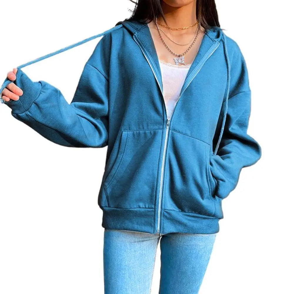 Women’s Hooded Sweatshirts Long Sleeve Top Drawstring Pockets Loose Zipper