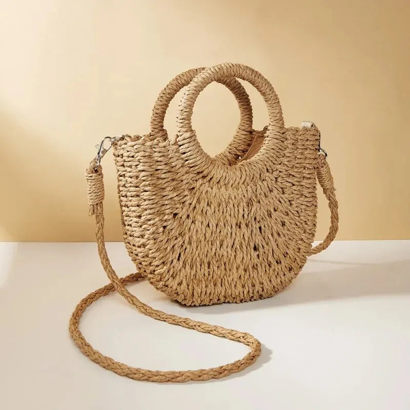 Women’s Handwoven Straw Rattan Half-Moon Beach Large Capacity Crossbody