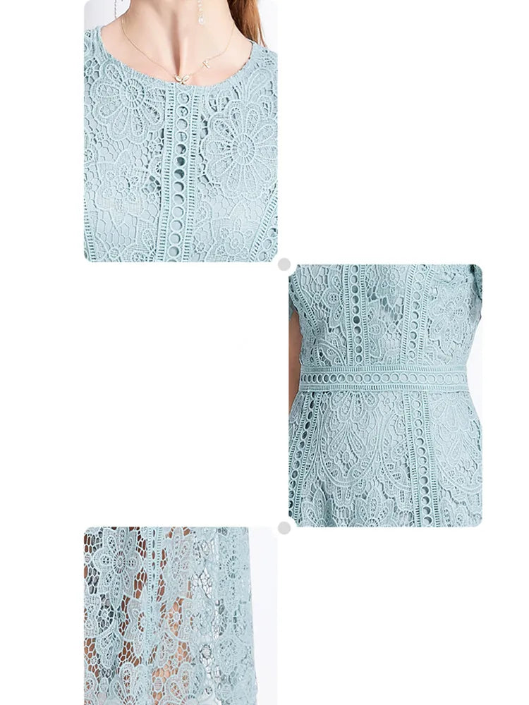 Women's Vintage O-Neck Short Sleeve Lace Dress