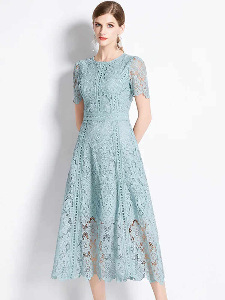 Women's Vintage O-Neck Short Sleeve Lace Dress