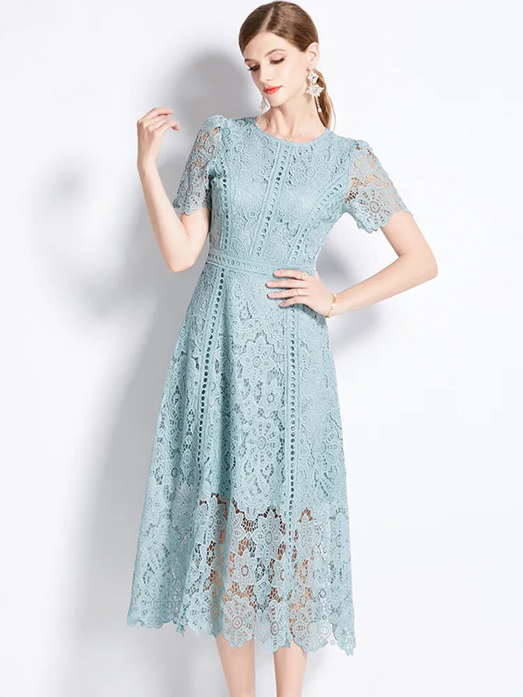 Women's Vintage O-Neck Short Sleeve Lace Dress