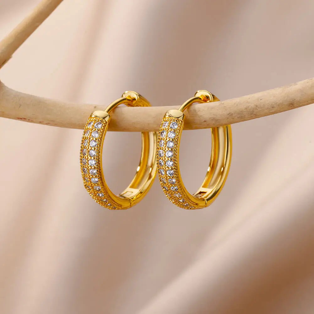 Women’s Zircon Hoop Earrings - Stainless Steel Round & Heart Design - Fashion Jewelry Gift