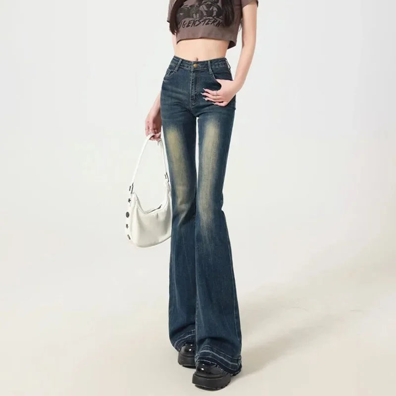 Woman’s High-Waist Flared Jeans - Vintage-Inspired Wide-Leg Cotton Denim