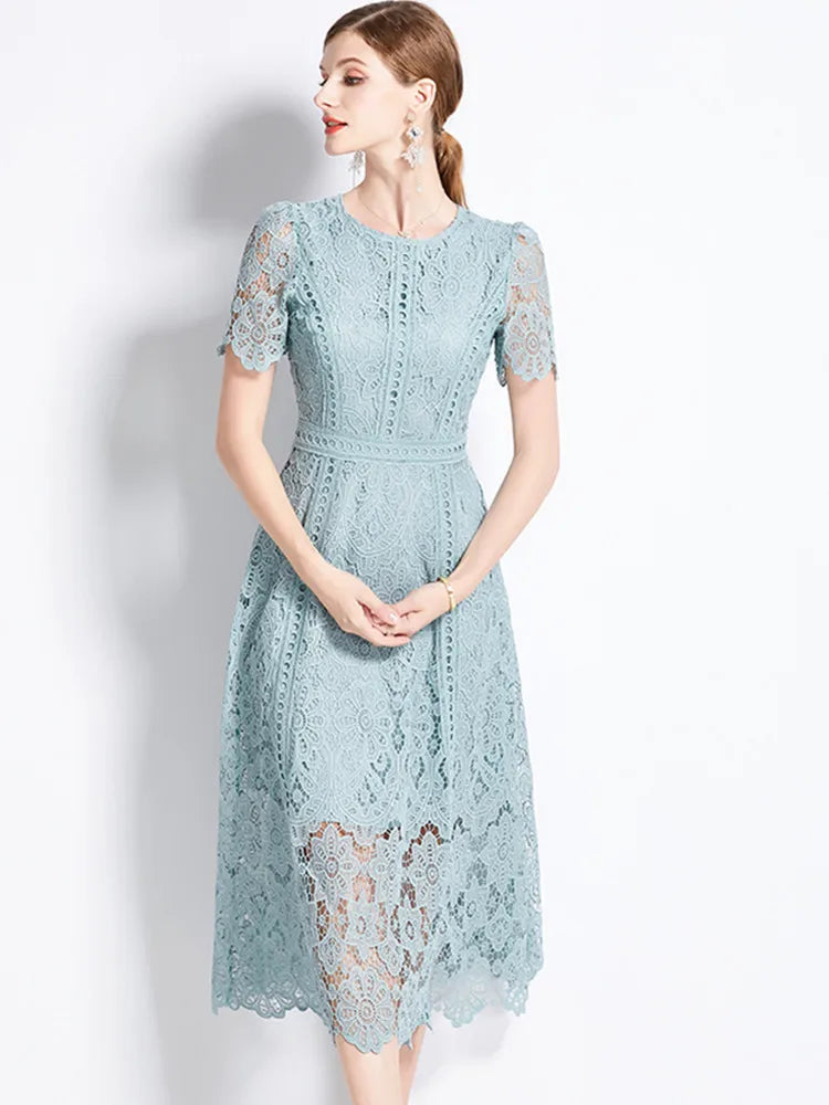 Women's Vintage O-Neck Short Sleeve Lace Dress