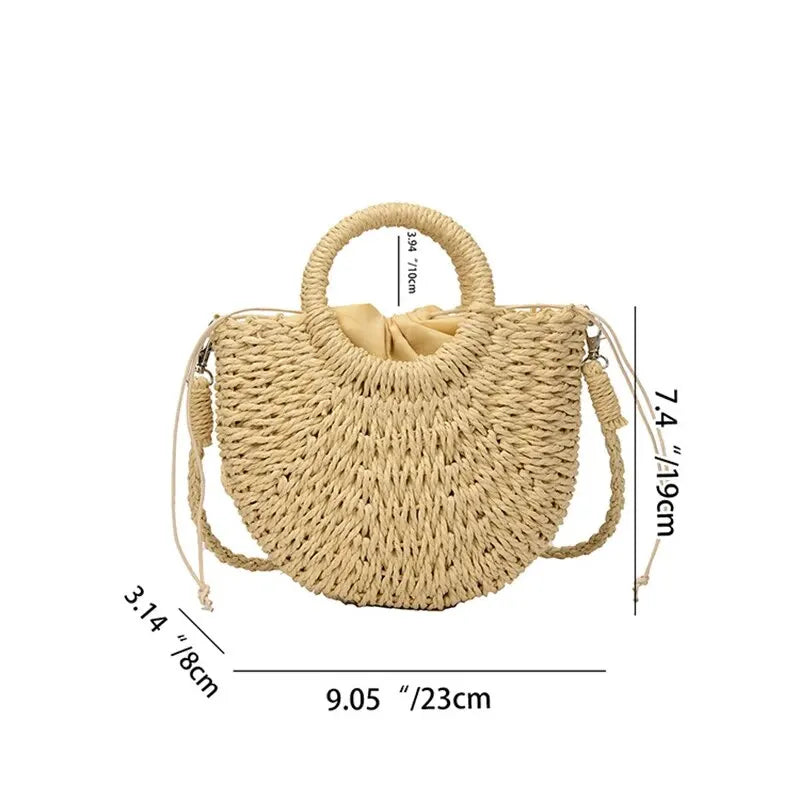 Women’s Handwoven Straw Rattan Half-Moon Beach Large Capacity Crossbody