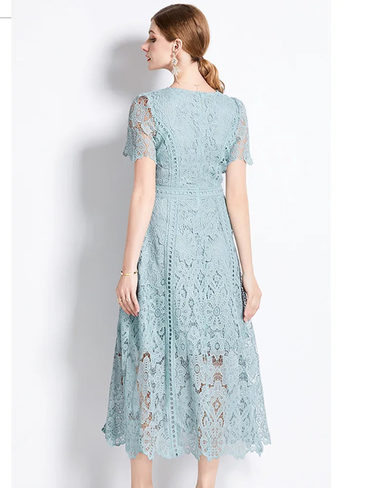 Women's Vintage O-Neck Short Sleeve Lace Dress